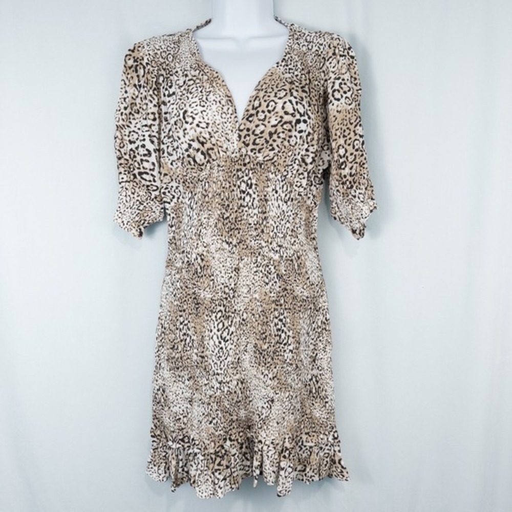 Faithfull The Brand Leopard Animal Print Smocked Puff Sleeve Mini Dress Small 4‎